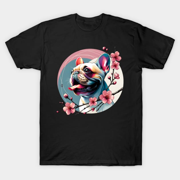 Joyful French Bulldog with Spring Cherry Blossoms T-Shirt by ArtRUs